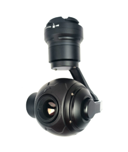 Single lens thermal imaging IP output gimbal camera, using 19mm focus length, 640x512 pixel resolution infrared thermal imaging, 3-axis stabilization.